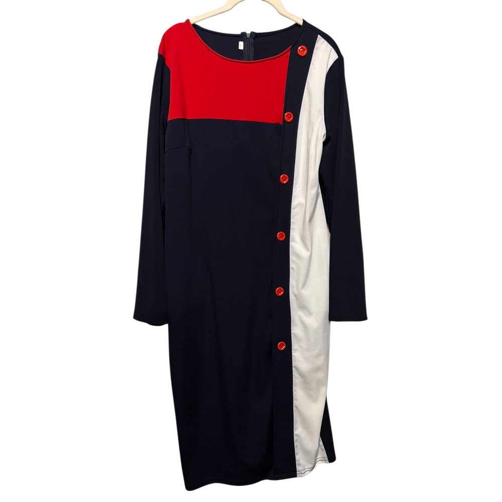 Color Block Long Sleeve Dress Red White Navy Button Detail Midi Knee Length